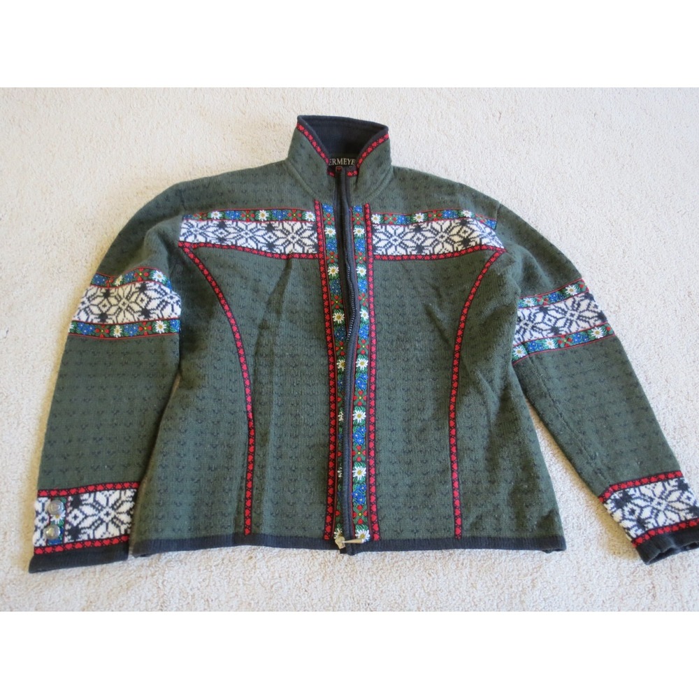 Obermeyer Anika Wool Sweater XL Scandinavian Snowflake Green Zip Cardigan